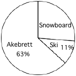 Et sektordiagram med akebrett 63%, snowboard, ski 11%.